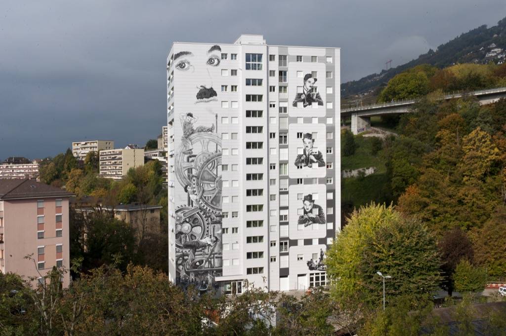 Fresque murale Chaplin Towers à Vevey en Suisse
