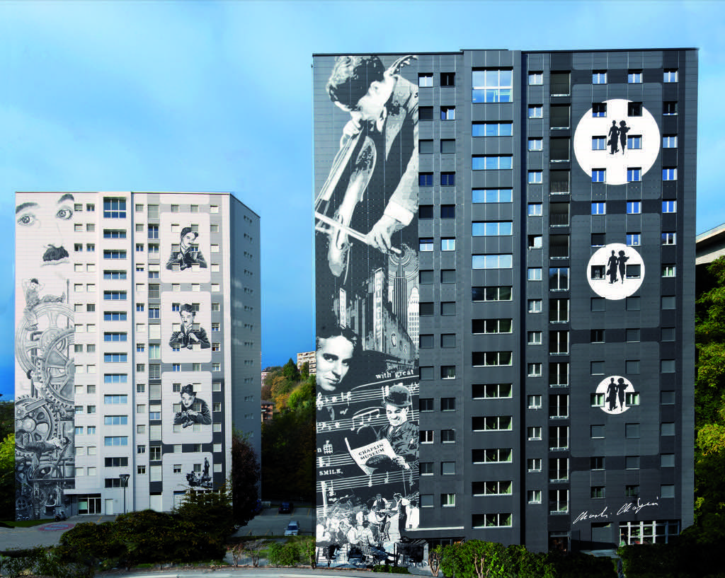 Fresque murale Chaplin Towers à Vevey en Suisse